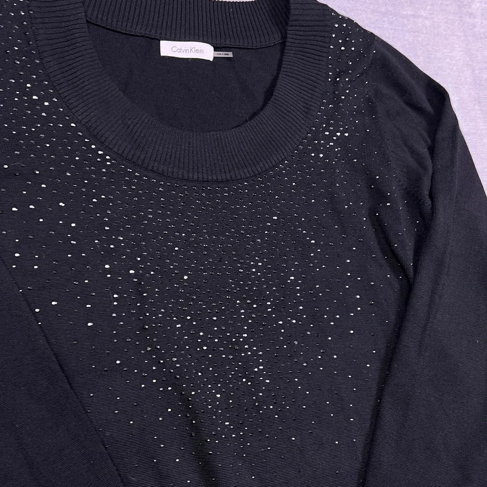 Calvin Klein Studded Scoop Neck‎ Wool Blend Pullover Sweater Wmns XL Aprox Black